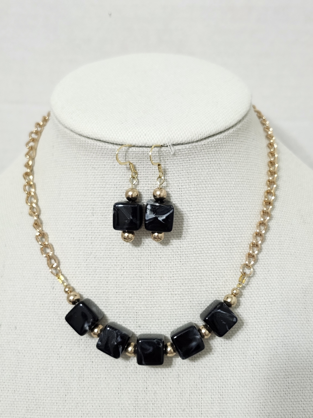 Black Acrylic Marble Cube Necklace & Earring Set Staple Work Home Handmade New
